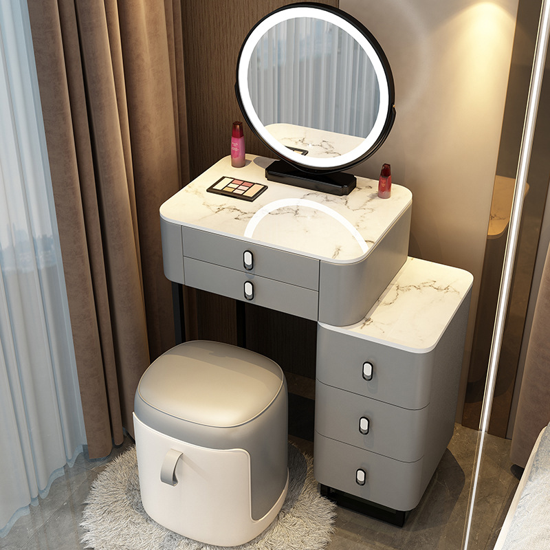 Table noire et grise 0,5 m, meuble de rangement intelligent avec miroir et tabouret.