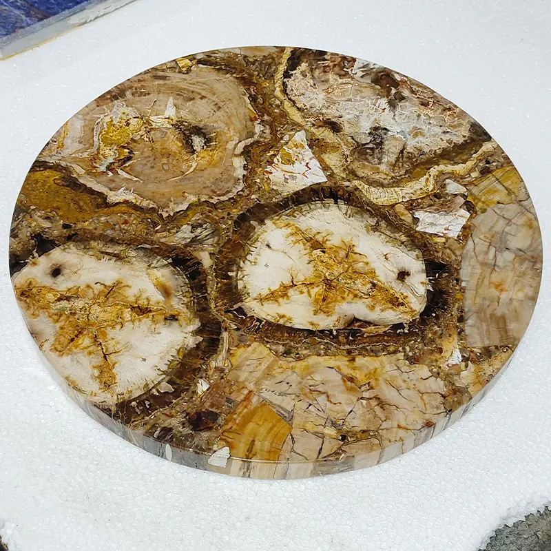 天然固体表面茶色の宝石化石石ラウンド石化木材テーブルトップ