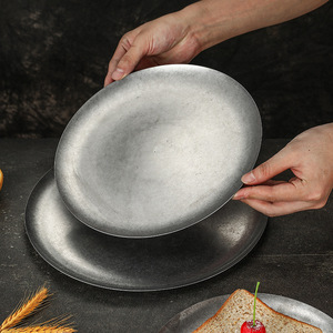 简约复古磨砂哑光银不锈钢板圆形餐盘宴会烧烤野餐野营用 - Product Image 5