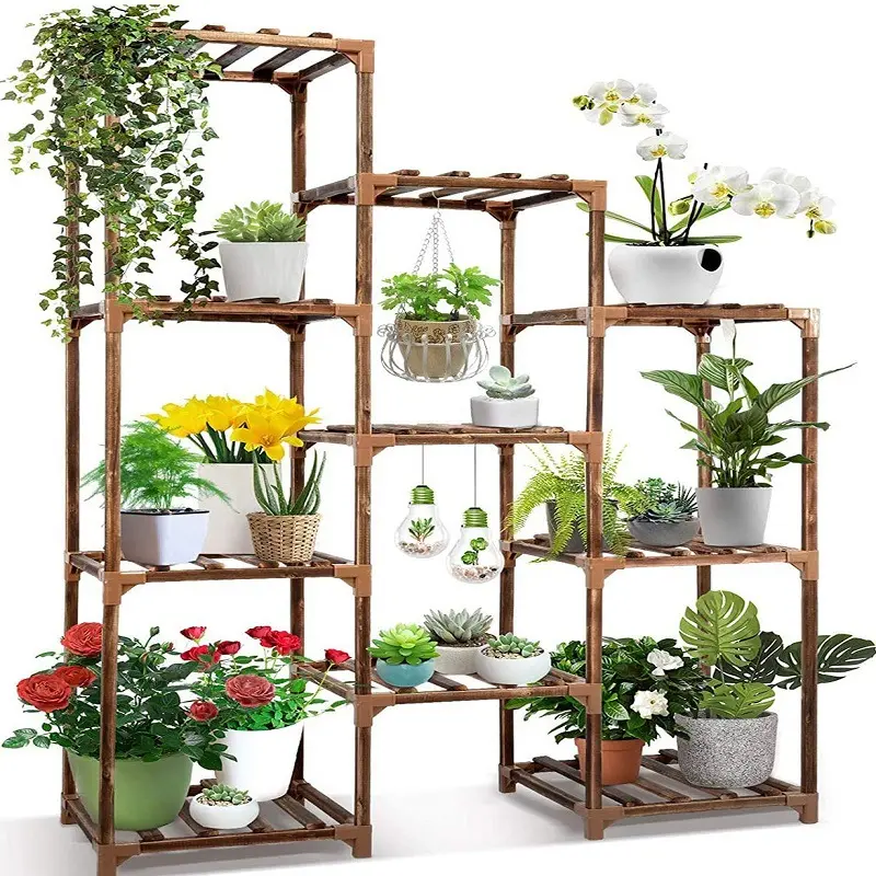 Estante de almacenamiento de plantas de jardín, estante de exhibición de plantas de 3 pisos, escalera interior y exterior