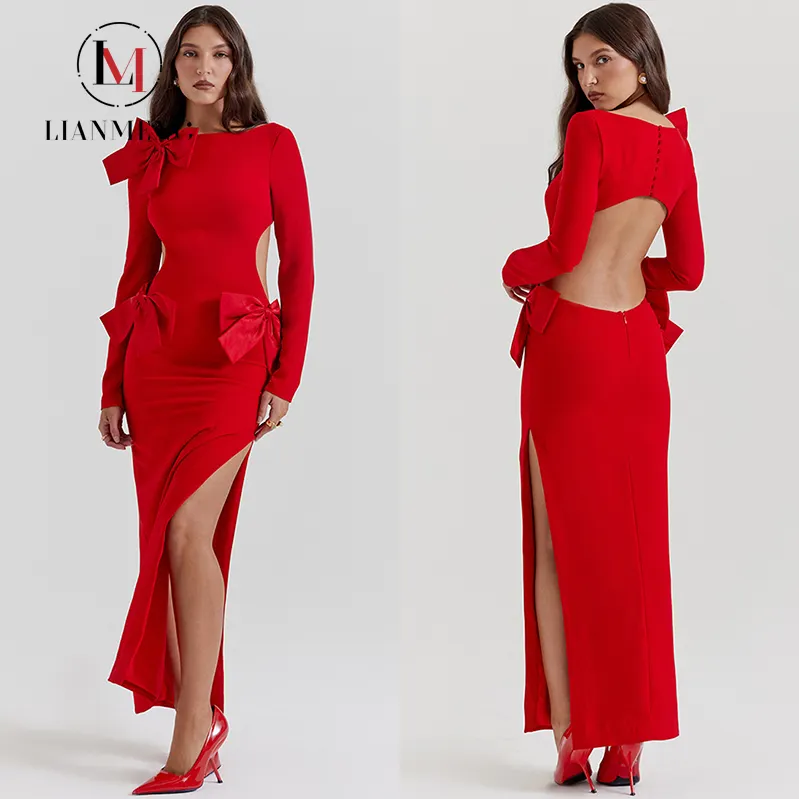 LIANMENG BB39 Women Bodycon Dress All-match latest dress designs pictures Elegant Evening Bow Neck Satin Silk Party Club Dress