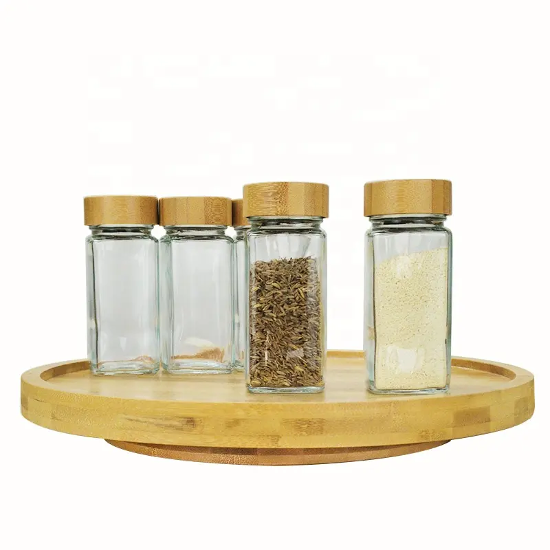 Custom 4oz salt pepper herb shaker bottle square glass spice jars with bamboo lids