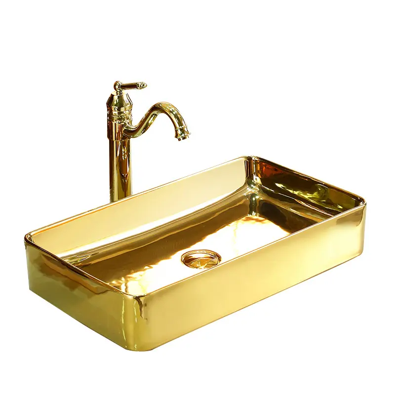 Tocador de Hotel Rectangular de diseño de lujo, lavabos de tocador con lavabo de cerámica, chapado en oro