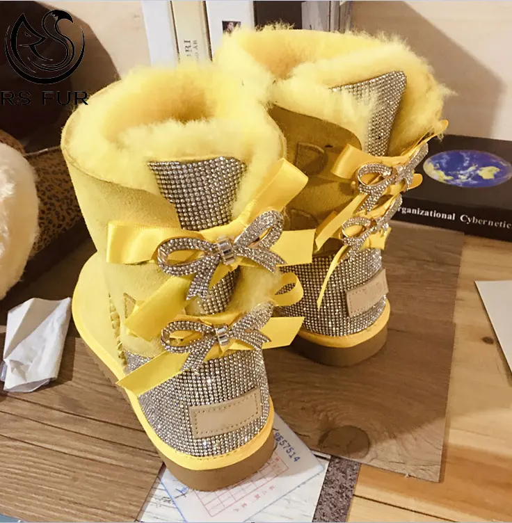 Grosir sepatu bot bulu pita salju wanita anak-anak 2020 musim dingin dengan pita kupu-kupu
