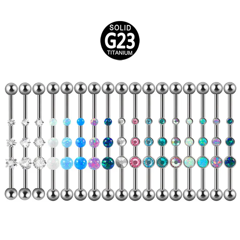 G23 Titanium Industrial Barbell personalizzato tre zirconi opale Round Ball orecchini a doppio foro per l'orecchio