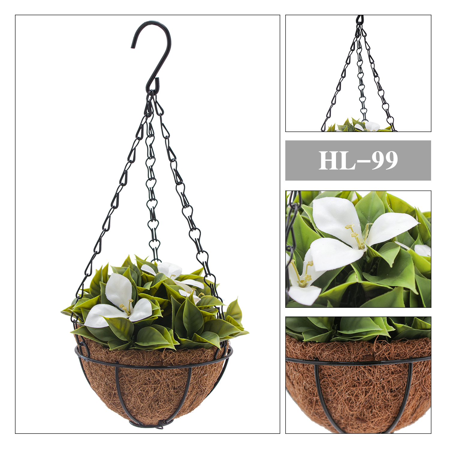 Artificial White Gardenia Flower Hanging Basket w/ Coconut Liner