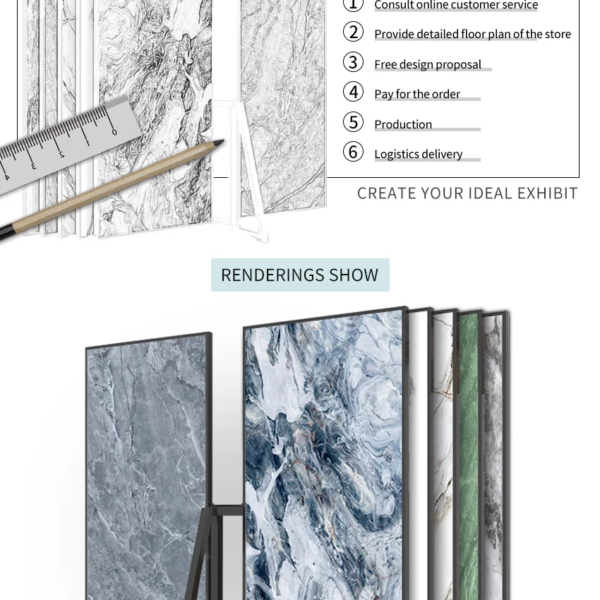 Custom ceramic tile rotating granite artificial stone sample push pull page turn marble metal quartz display stands
