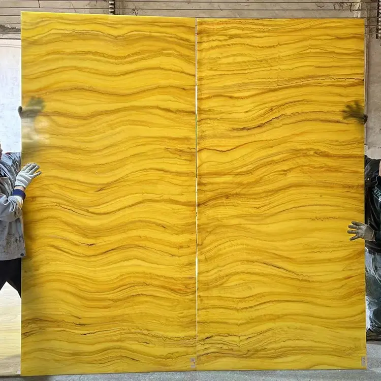 Stock bon marché Panneau d'albâtre Pierre artificielle jaune avec veines continues Panneau mural décoratif grande vente