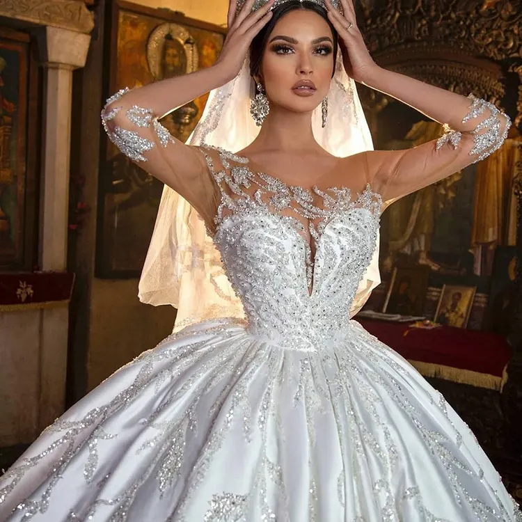 Vestido de novia Retro de corte A personalizado para mujer, traje de novia de manga larga con lentejuelas y abalorios