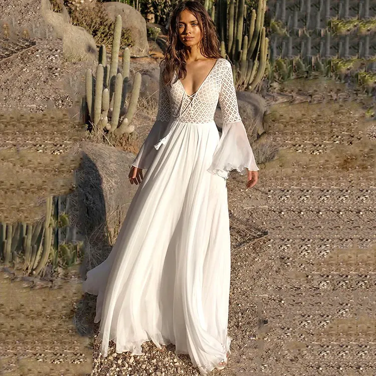 Flare Sleeve White V Neck Sheer Blouse Maxi African Dresses Long Chiffon Dress