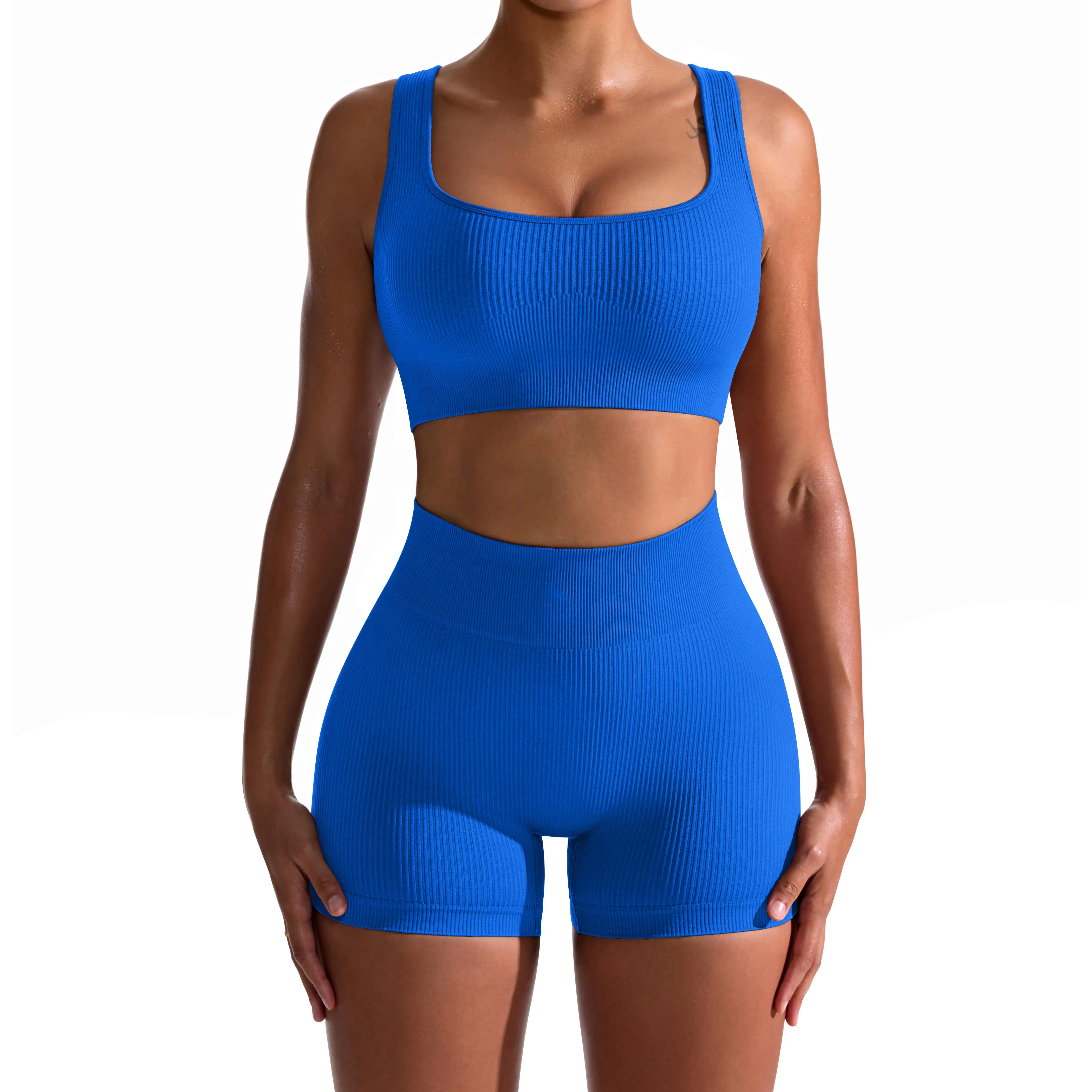 Nouveaux vêtements de sport simples et sexy pour femmes taille haute tricotés ensemble de fitness sans couture ensemble de yoga court