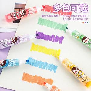 Juego de resaltador de punta de cincel Pastel fluorescente de 6 colores con dibujos animados, rotuladores adecuados para la escuela para pintura de jardín de infantes para niños - Product Image 4