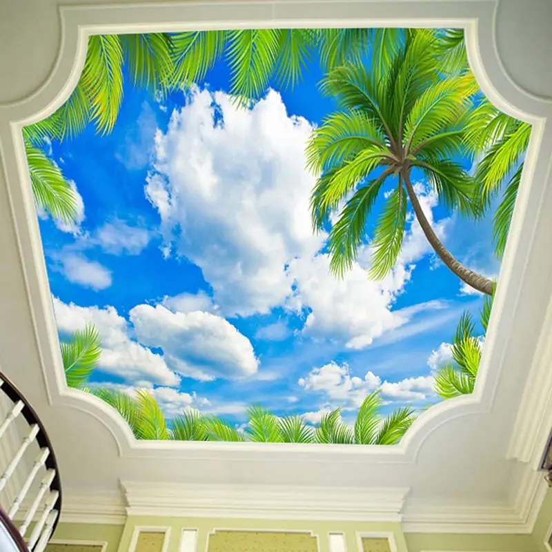 Custom Green Leaves Blue Sky White Clouds Zenith Ceiling 3D Fresco Modern Bedroom Ceiling 3d mural wallpaper modern living room