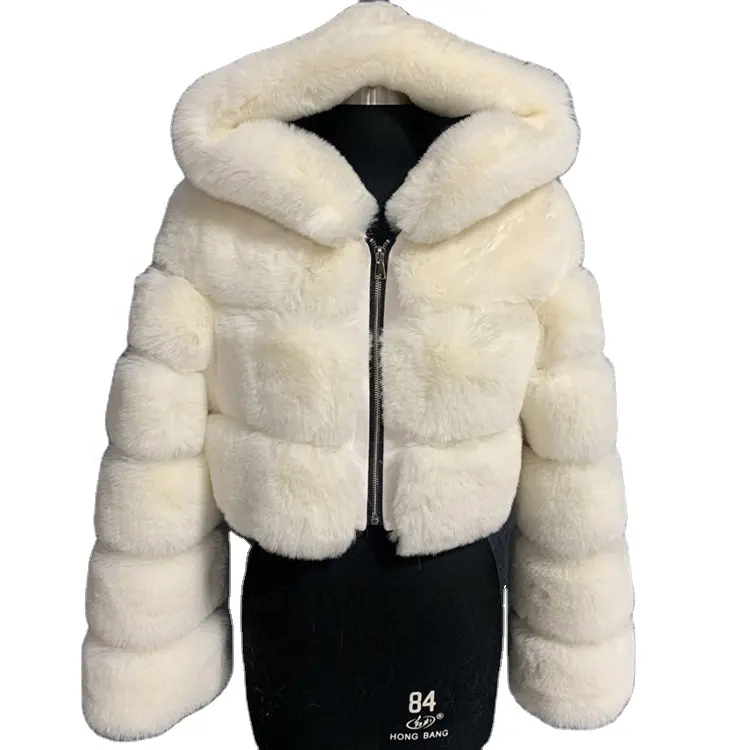 Bottoni per abbigliamento in pelliccia sintetica di alta qualità di nuova fabbrica cappotto corto in pelliccia sintetica con Zip con cappuccio grande