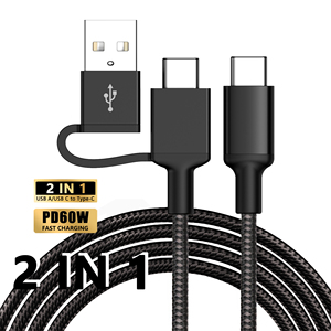 Venta al por mayor 2 en 1 Cable de carga Carga rápida Nylon trenzado Cables de alimentación Cargador de teléfono múltiple Puerto USB tipo C para el banco de energía del ordenador portátil - Product Image 1