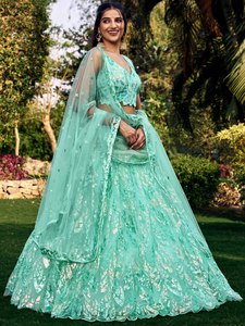 ゴージャスなターコイズブルーネットLehenga複雑な糸刺繍入り作品限定インドスタイルソフト素材 - Product Image 2