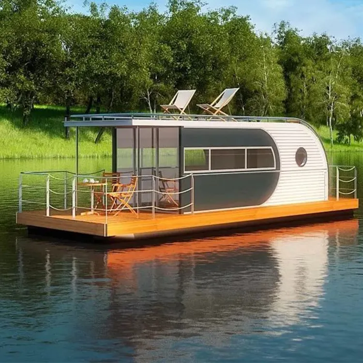 Design casa de barco flutuante painel solar barco em água