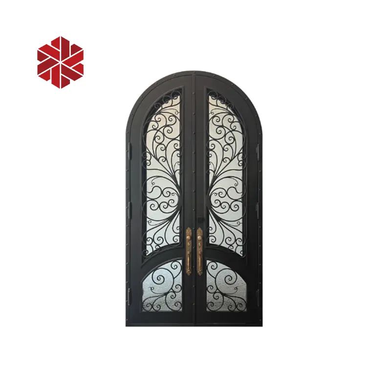 ダブルセキュリティドア錬鉄製フロントエントリードア外装素朴なアーチ装飾グリル錬鉄製ドア