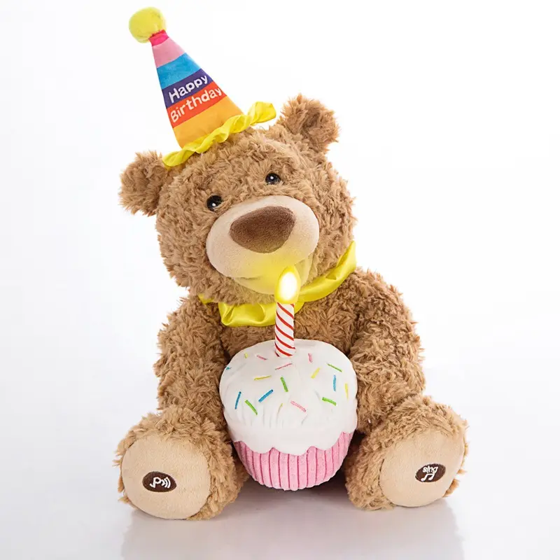 Custom Cartoon aniversário bolo Teddy bear ação figura elétrica cantando urso boneca brinquedo de pelúcia presente de aniversário das crianças