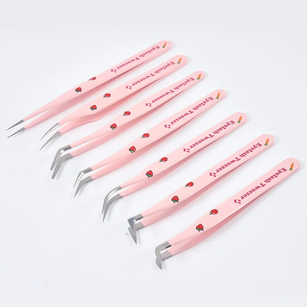 Print Logo Nano Grip Microfiber Eyelash Tweezers Pink 7Pcs Volume Lash Extension Fiber Tips Tweezers Set