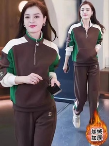 เพิ่มชุดเสื้อผ้า2ชิ้นเสื้อฮู้ดคอปกตั้งหนา2024ผู้หญิงผ้าฟลีซแฟชั่นใหม่ฤดูใบไม้ร่วงและฤดูหนาว