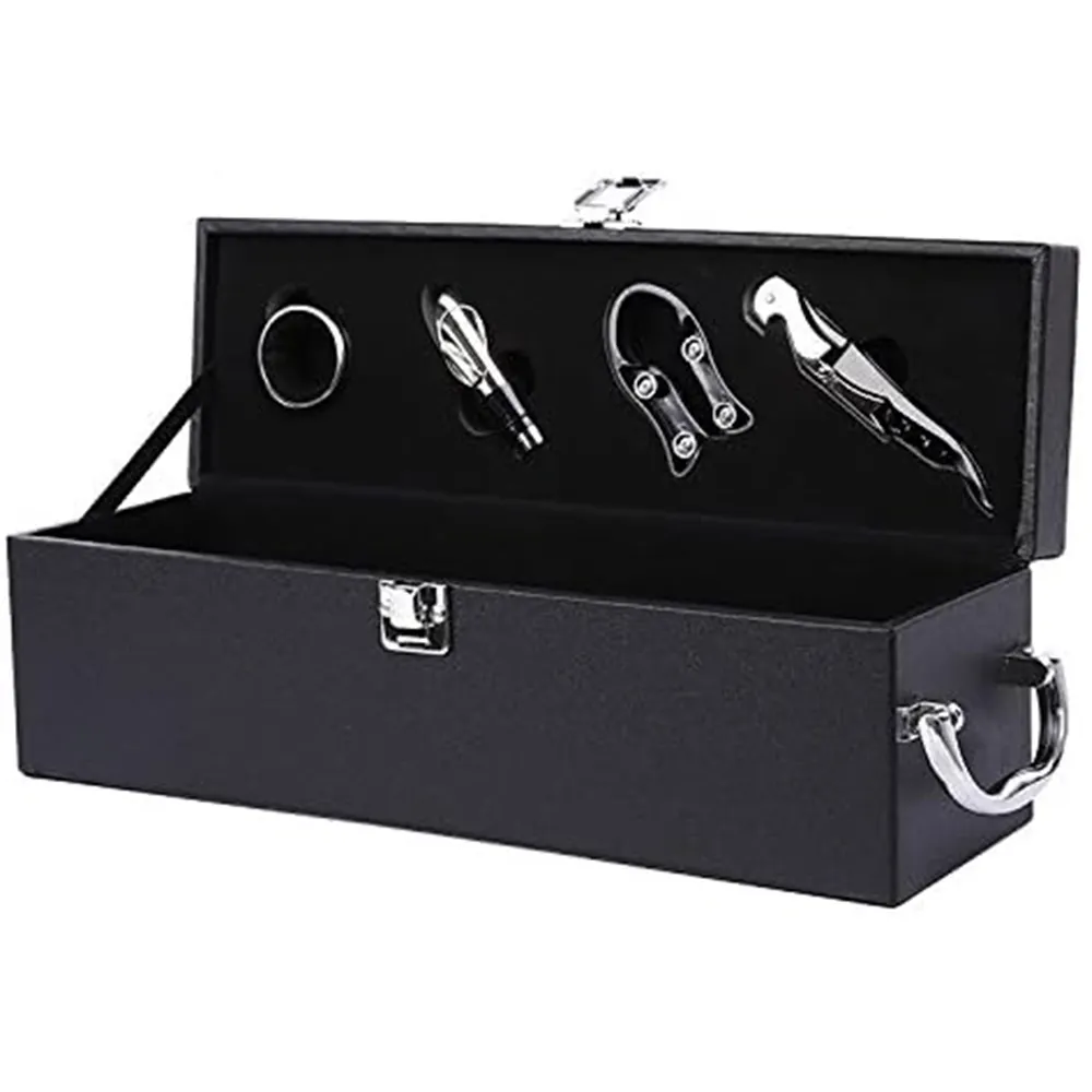 Einzelauspackungsbox mit Weinaccessoireset, tragbare Leder-Weinbox Geschenk Wein-Aufbewahrungsbox Flaschenverpackung mit Griff