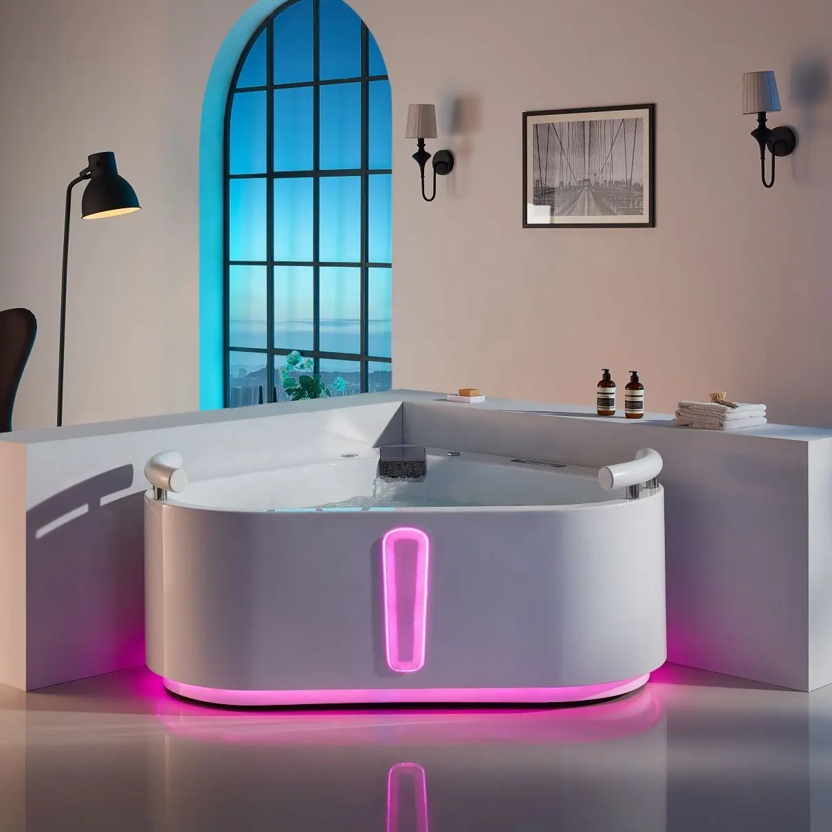 Banheira de acrílico portátil para adultos, banheira de canto para 2 pessoas, massageador hidro, banheira de ar