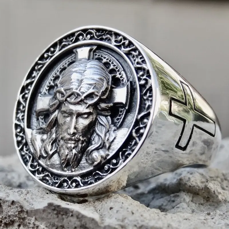แหวนพระเยซูคริสต์ทรงแกะสลักแนววินเทจ,แหวนเงินโบราณแบบย้อนยุคแหวนพระเยซูคริสต์สำหรับบุรุษ