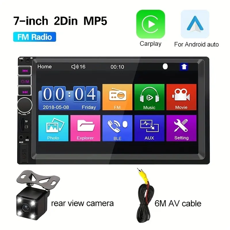 7 ''Touchscreen Auto Dvd-Speler Stereo Multimedia Mp5 Speler Fm Radio Met Back-Up Achteruitrijcamera 2 Din Met Android Auto Carplay