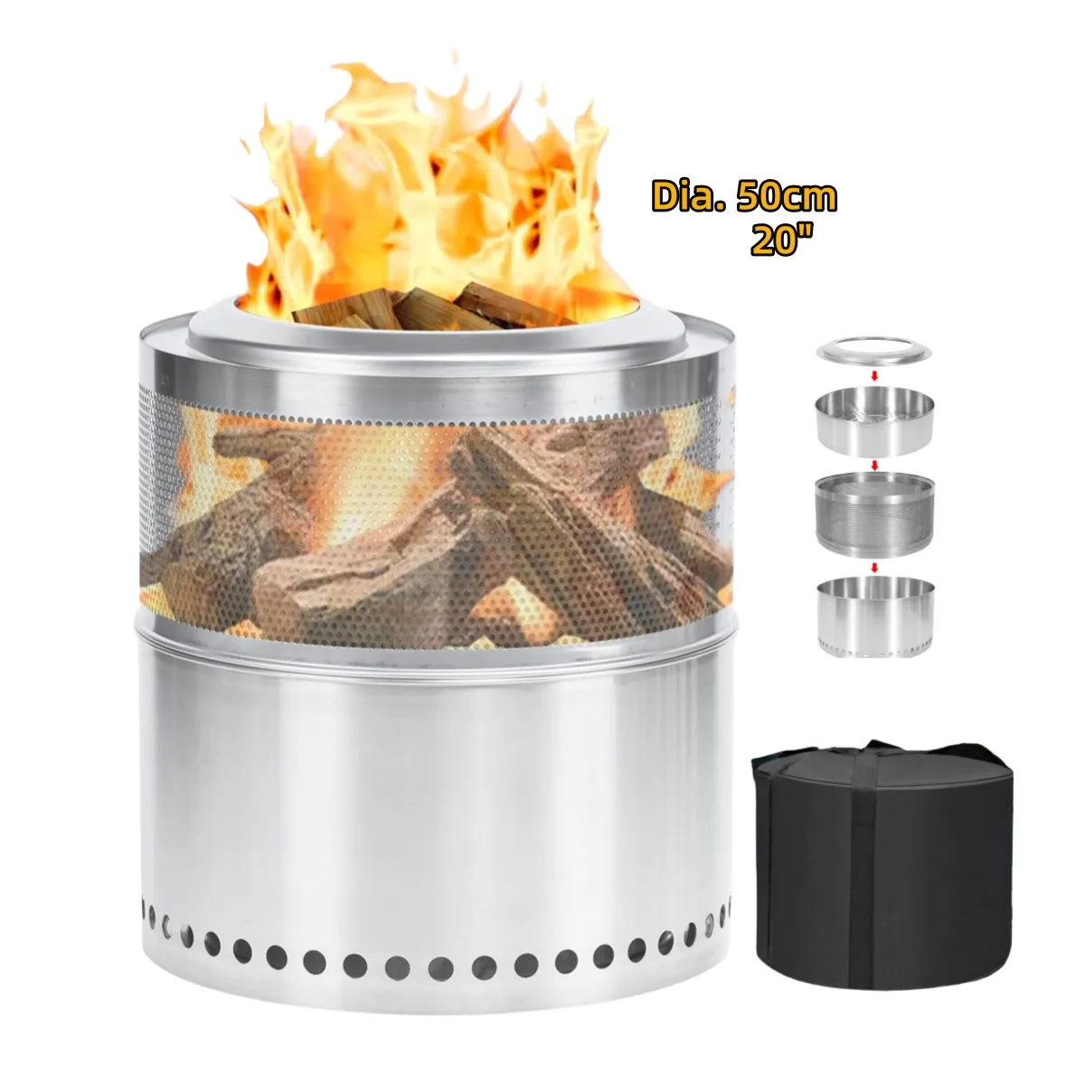 RTS Dia.19.5' Outdoor Camping BBQ Patio Stainless Steel Folding Fire Pit Smokeless BBQ Woood Stove Grill
