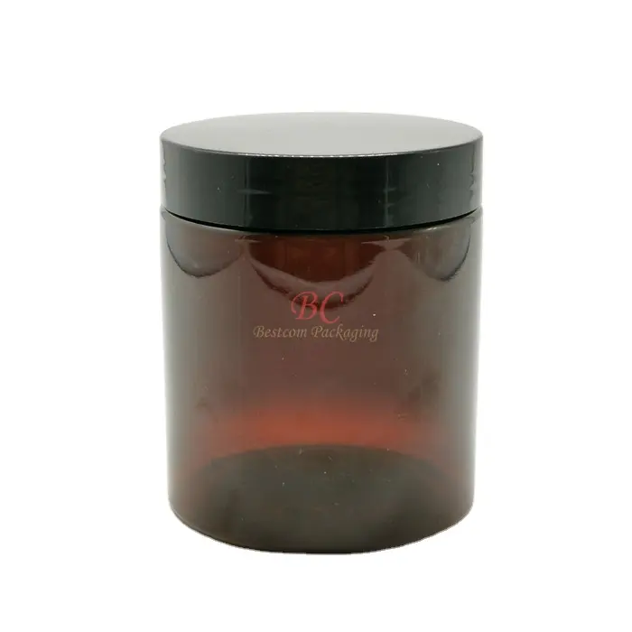 Navulbare Voedsel Huisdier 240Ml Rechte Zijdig Brede Mond Bruin Bus Plastic 8Oz Plastic Amber Cosmetische Pot Met Zwarte deksel