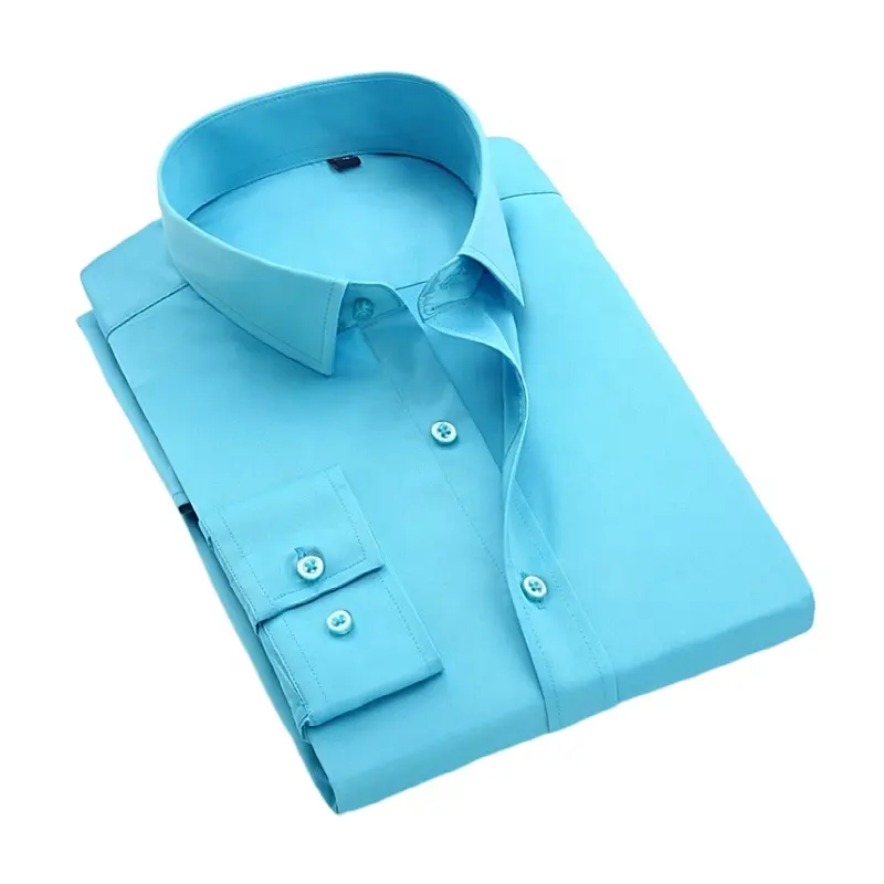 Camisas de oficina de poliéster/spandex azul pavo real para hombre para camisa de cuello alto de manga larga