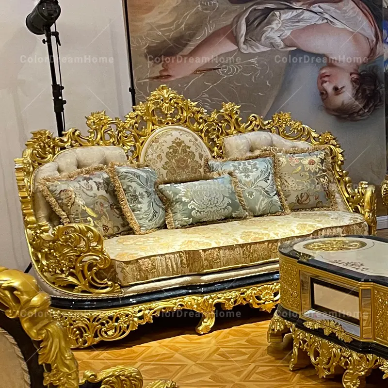 Divano reale soggiorno divano classico intagliato in legno massello dorato per mobili di lusso