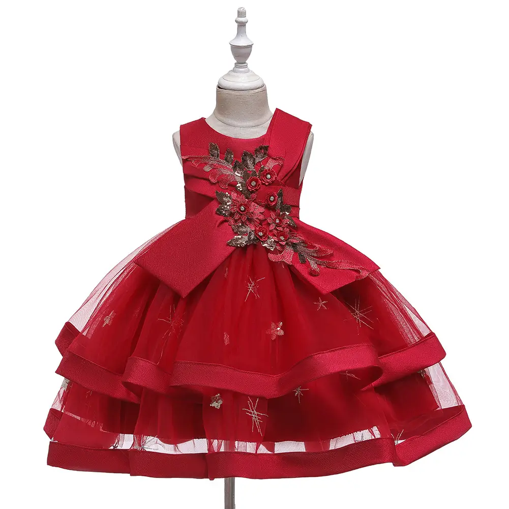 Vestido Rojo de princesa con flores para niña, 10 años