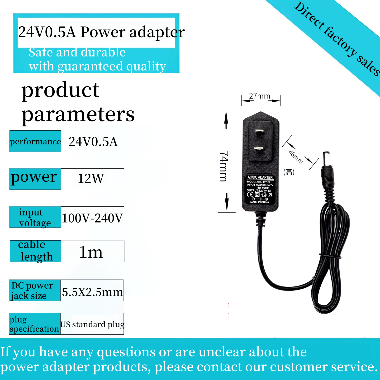 24V0.5A 1m câble DC5.5X2.5mm Plug In