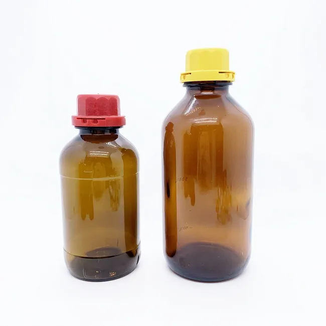 Botella farmacéutica de vidrio ámbar de 1L con tapa de seguridad grabada con ácido para el cuidado personal para embalaje químico y almacenamiento de medicamentos