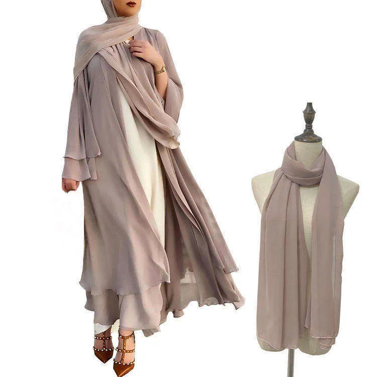Abaya de Dubaï Robe musulmane ouverte sur le devant Couleur unie Modeste Khimar Hijab Abaya Loose Muslim Chiffon Dress