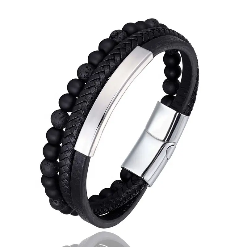 Ewelry-pulsera de cuero trenzado con cuentas de ágata, brazalete de boutique de acero inoxidable