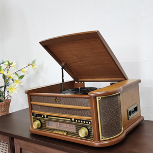 All-in-One Retro Wooden Turntable AM FM Radio with AUX IN/ LINE OUT Stereo Feature USB <strong>Output</strong> &amp; Recording Option - Product Image 1