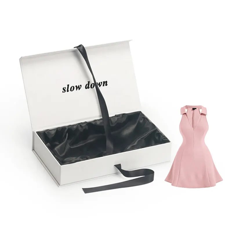 Caixa de embalagem rígida personalizada de luxo para fantasia de vestido, caixa de presente de papel magnética dobrável com fita