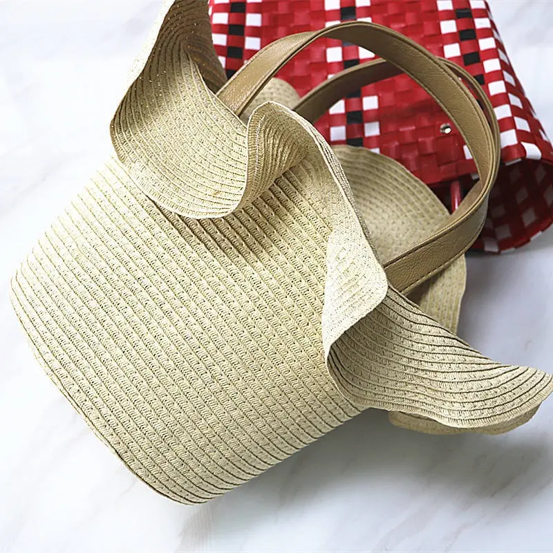 Articoli popolari borsa da donna con coulisse in paglia a forma di cappello di design con coulisse da spiaggia estiva romantica francese