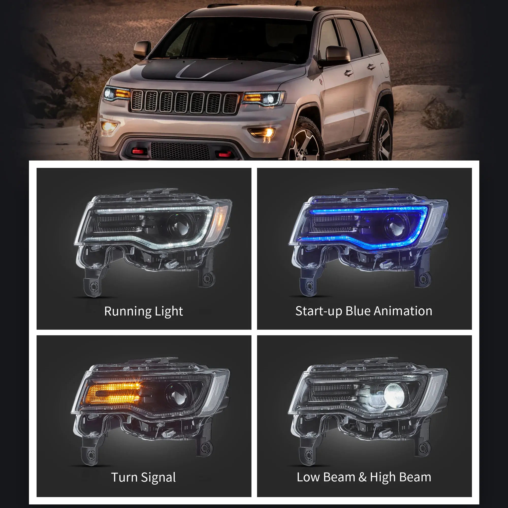 VLAND LED Jeep için far Grand Cherokee WK2 2014-2021 4th Gen (dördüncü nesil WK2) w/dinamik animasyon başlatmak