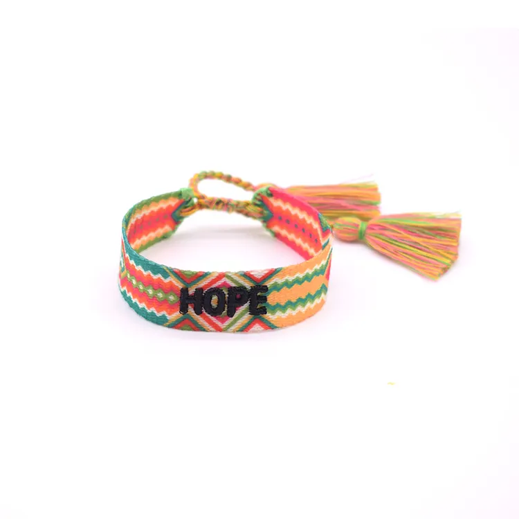 Pulsera tejida de algodón con logo para niños, brazalete de tela bordada a la moda con palabras, arcoíris