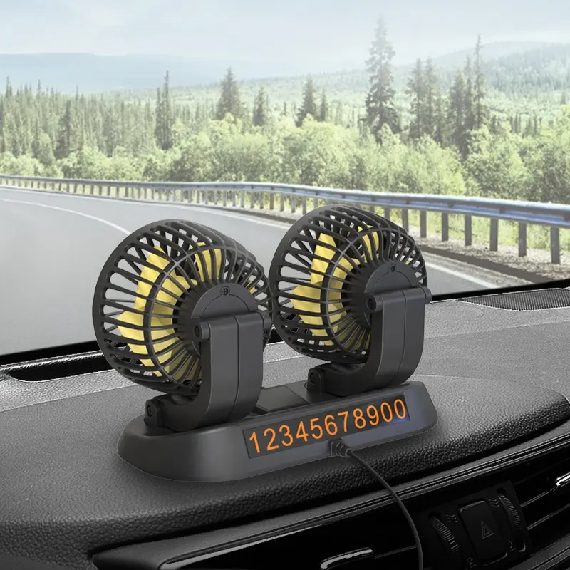 夏のポータブル自動調整可能な多機能ダブルヘッドUSBファン360度回転車冷却ファン車用車ファン