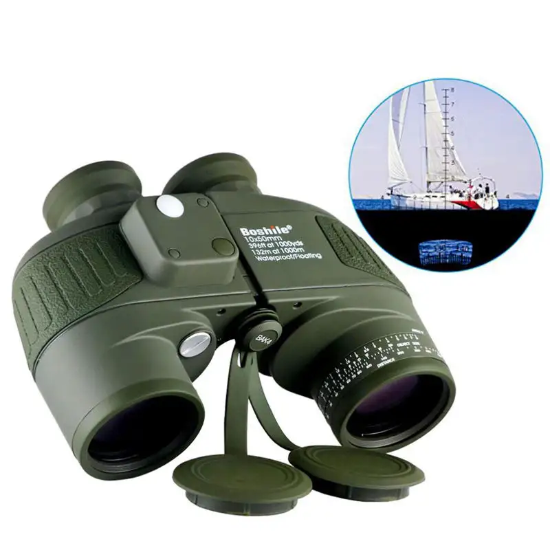 منظار بوشيلي ثنائي العين 10x50, منظار احترافي أخضر بحري مقاوم للماء بوصلة ، Rangefinder ، تلسكوب صيد