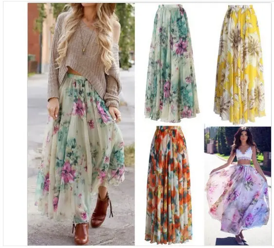 Elegante señoras falda de verano Venta caliente nueva moda falda impresión floral psiquiatra larga Mujer Faldas maxi