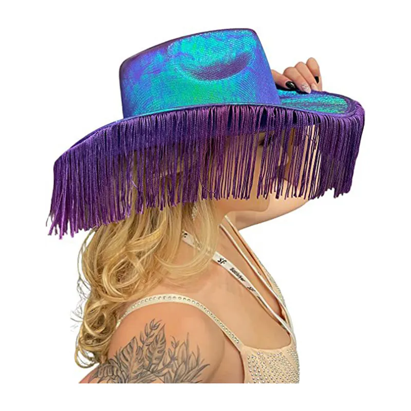 Chapéu de cowboy com borla de fantasia ocidental para festas, chapéu de carnaval colorido e holográfico fluorescente para discoteca