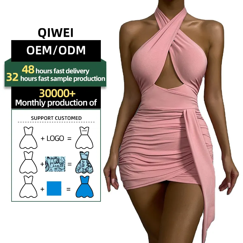 ODM/OEMトレンド新着レディース夏アパレル女性ノースリーブピンク服シャーリングカジュアルセクシードレス