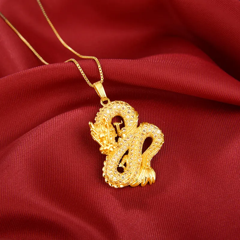 Collana con pendente a forma di drago con strass Bling in oro reale sabbia Vietnam