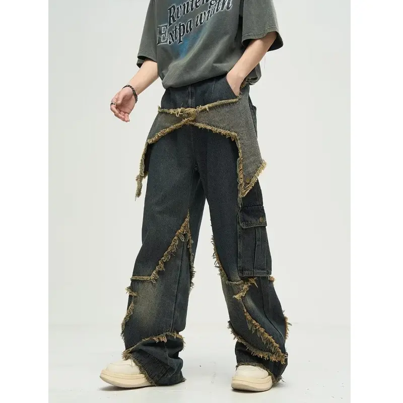 Mode High Street Straight Cargo Jean Baggy gewaschene Männer Jeans mit Stern Patches